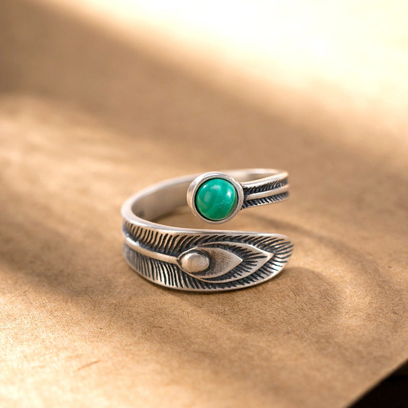 925 Sterling Silver Malachite Bead Feather Protection Ring