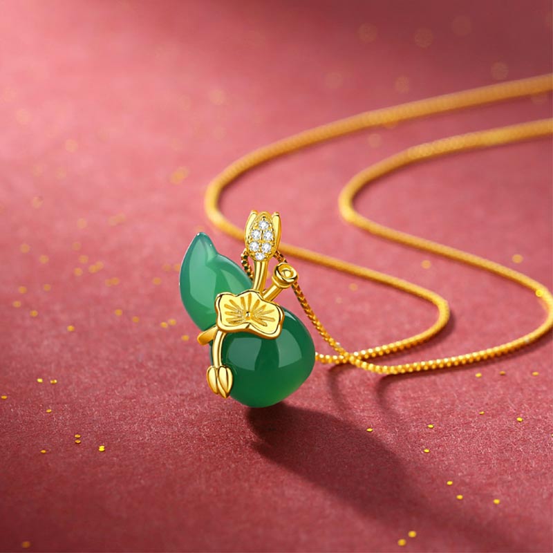 Cyan Jade Gourd Lotus Leaf Abundance Pendant Necklace
