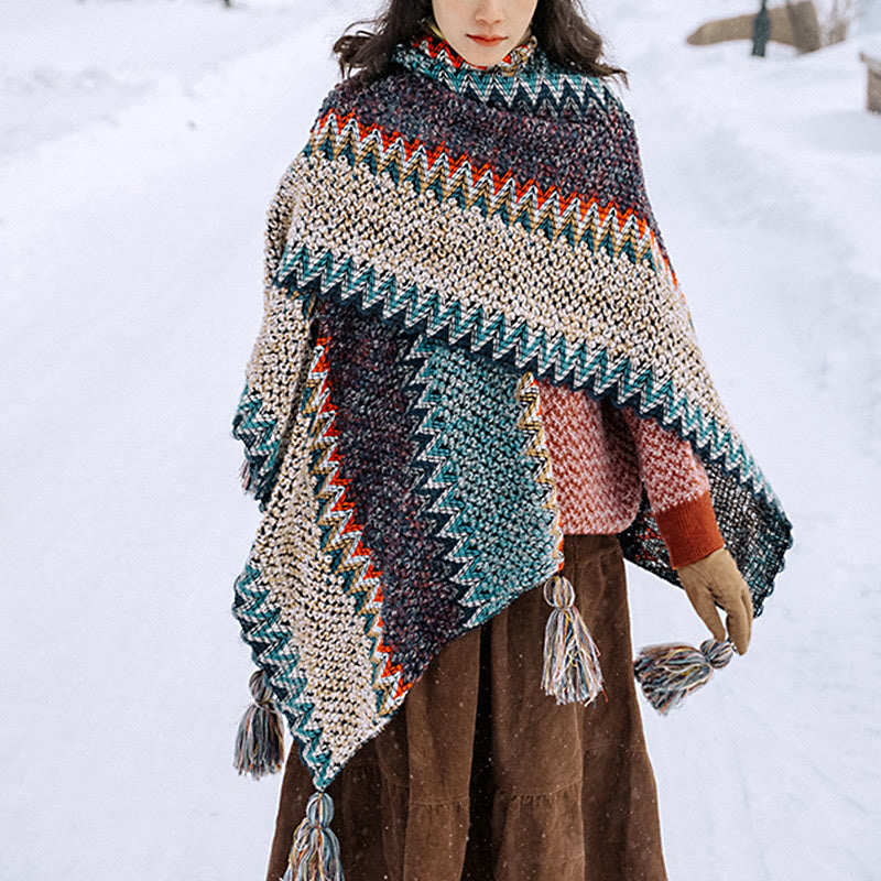 Tibetan Shawl Blue Beige Red Wavy Pattern Winter Warm Tassel Scarf