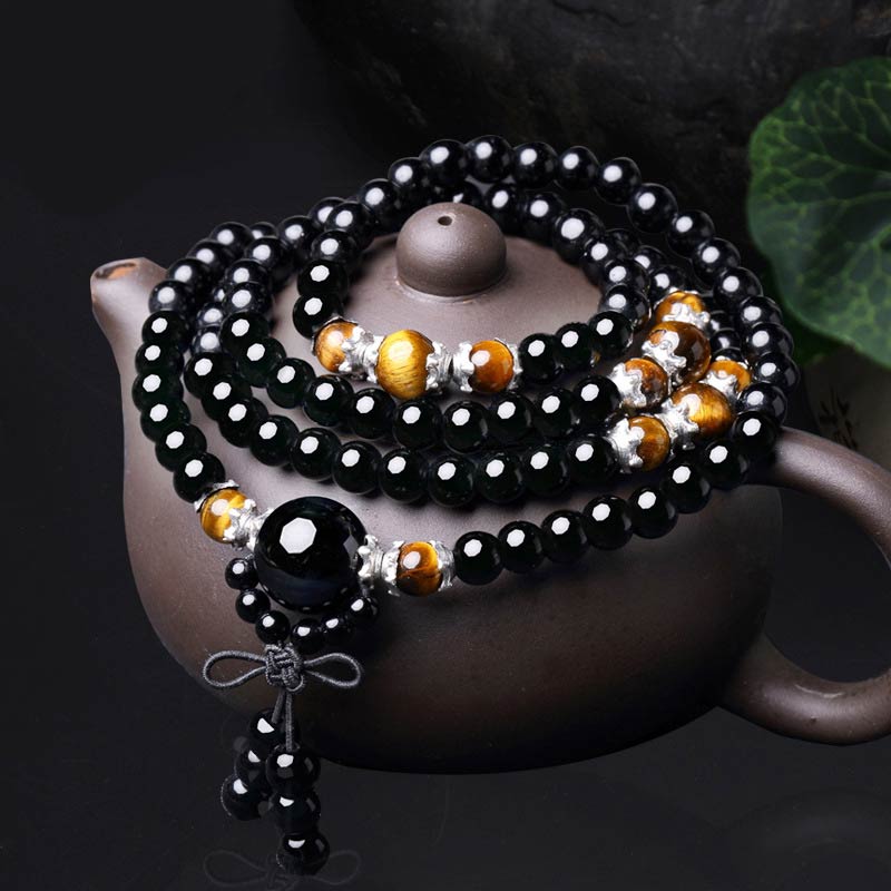 108 Beads Natural Black Obsidian Tiger Eye Mala Bracelet