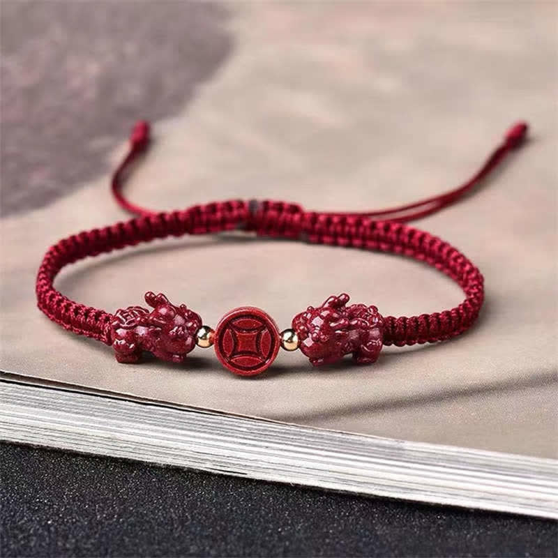 Cinnabar PiXiu Blessing Copper Coin Peace Buckle Red String Bracelet