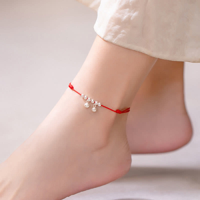 925 Sterling Silver Red String Braid Bell Charm Anklet
