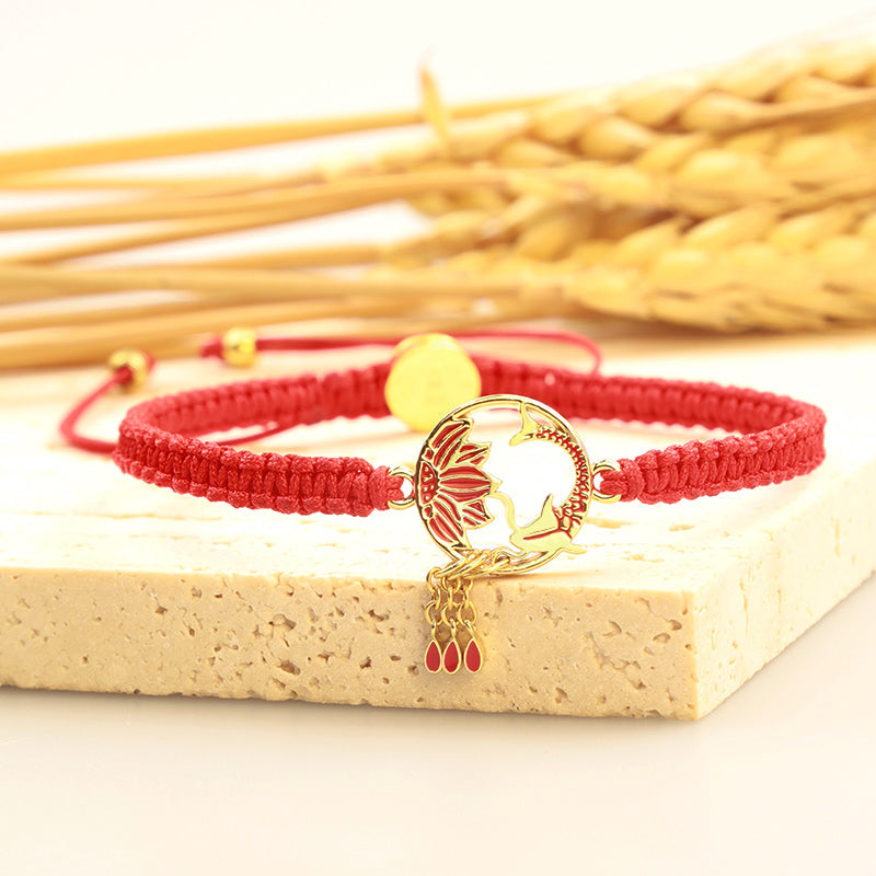 Tibetan Handmade Lotus Koi Fish Lucky Red String Bracelet
