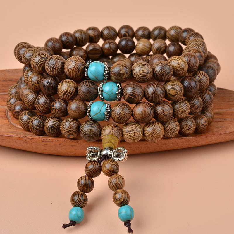 108 Beads Mala Wenge Wood Turquoise Amber Peace Meditation Bracelet