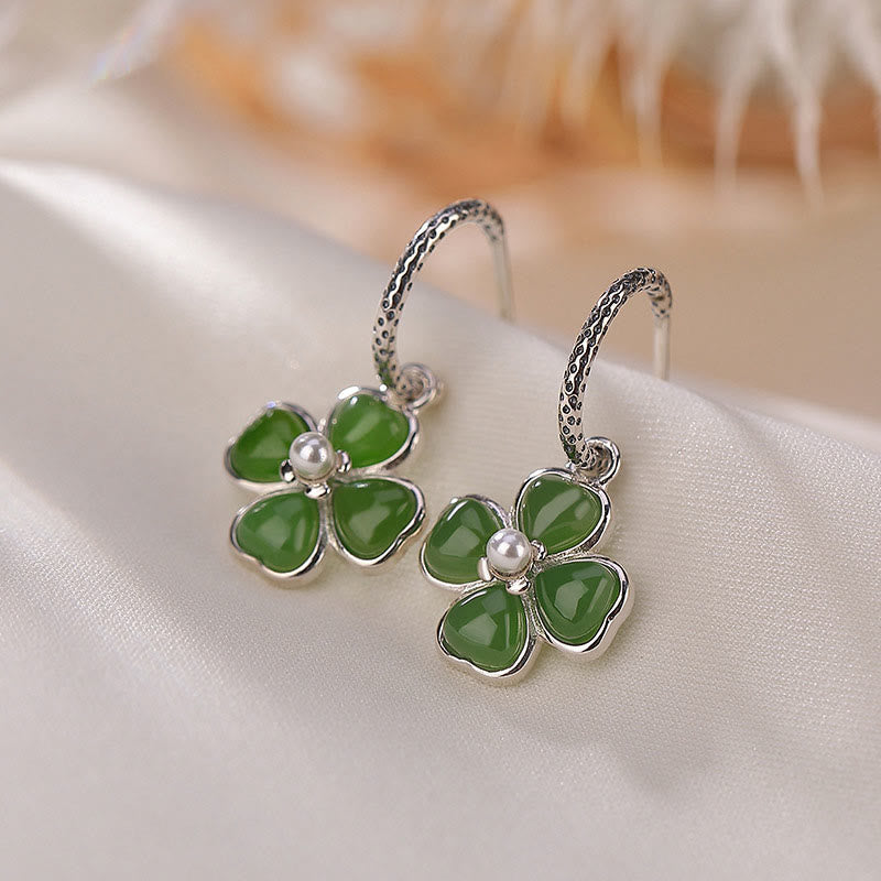 925 Sterling Silver Natural Cyan Jade Four Leaf Clover Luck Success Earrings