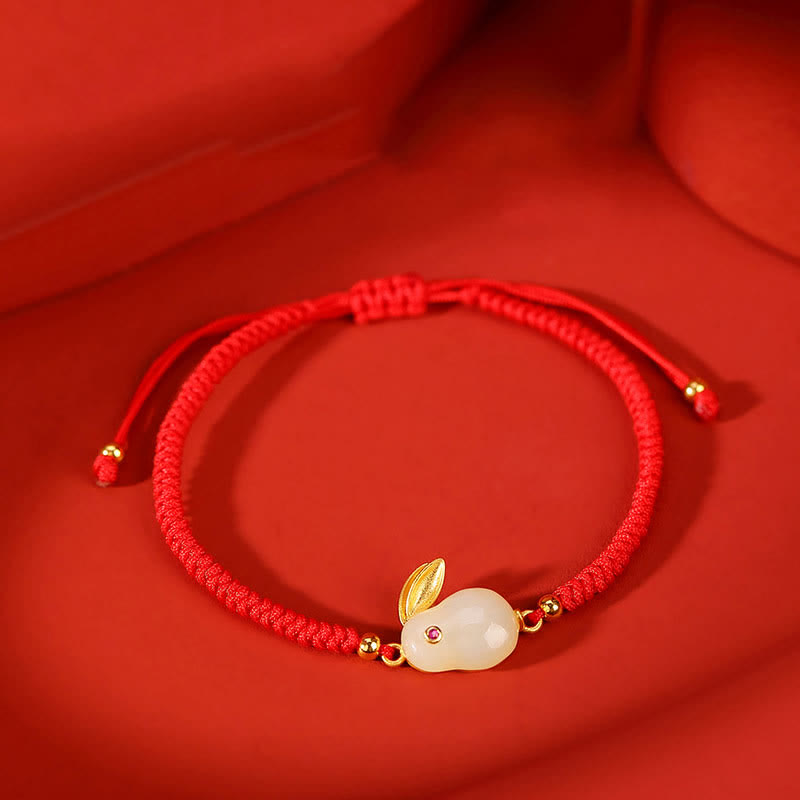 925 Sterling Silver Year of the Rabbit Hetian White Jade Luck Red String Protection Bracelet