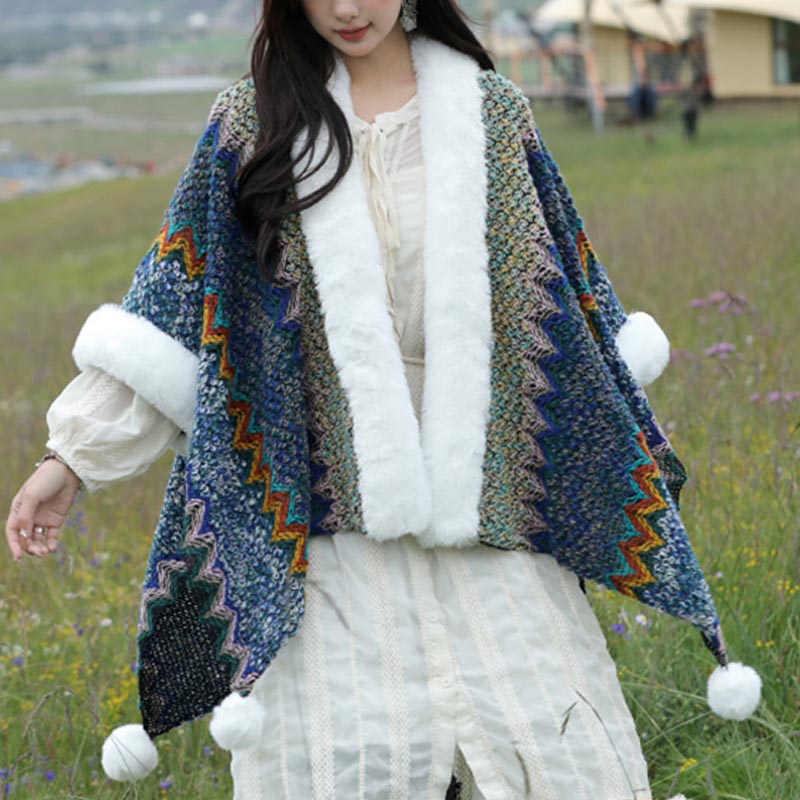Tibetan Multicolored Wavy Lines Knitted Striped Shawl Coat Winter Cozy Travel Scarf Wrap