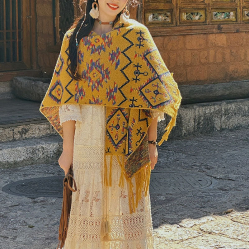 Tibetan Shawl Striped Geometry Pattern Winter Cozy Travel Knitted Scarf Wrap