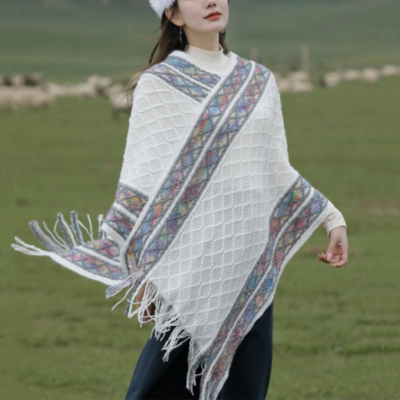 Tibetan Colorful Striped Rhombus Pattern Shawl Tassels Pullover Winter Cozy Travel Scarf Wrap