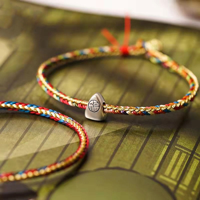 925 Sterling Silver Fu Character Zongzi Pattern Multicolored String Luck Handmade Braided Bracelet