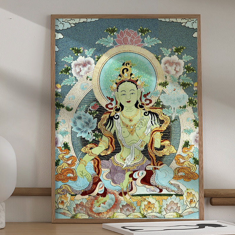 Tibetan Silk Embroidery White Tara Thangka Tapestry Wall Hanging Wall Art Meditation for Home Decor