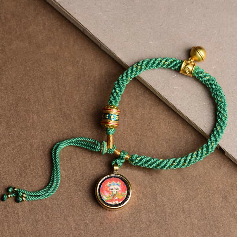 Tibetan Five God Of Wealth Thangka Luck Prayer Wheel Bell Braid String Bracelet