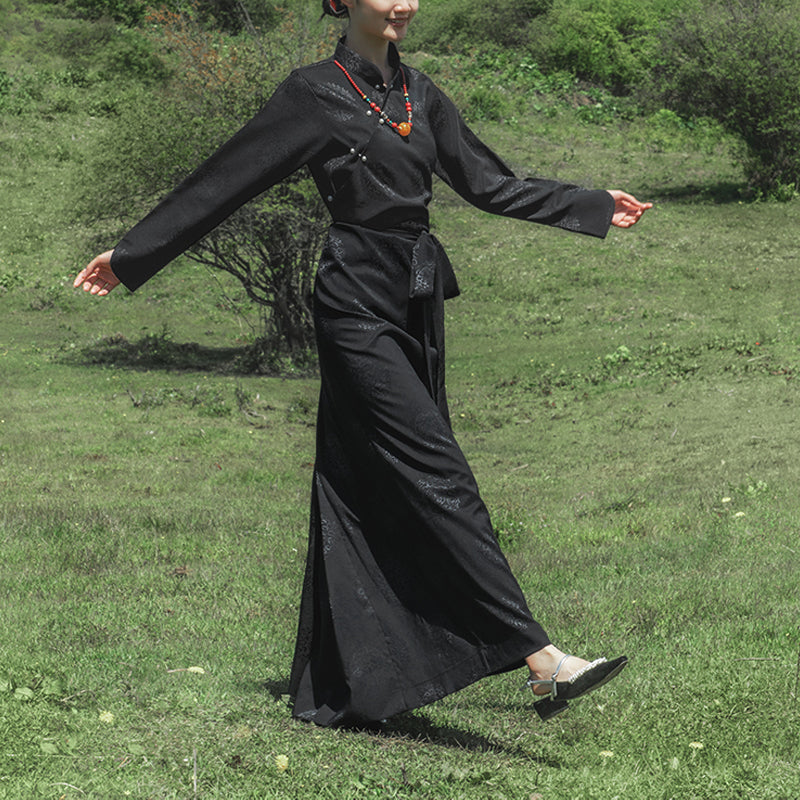 Tibetan Long Sleeve Dress Lhasa Black Long Wrap Dress Maxi Dress Women Clothing